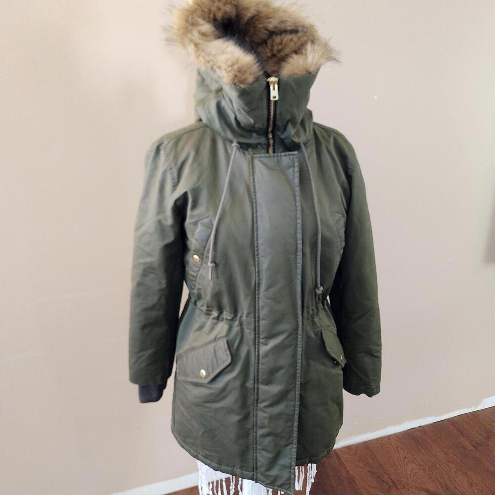 LKNW Olive J Crew hooded w fur jacket coat primaloft worn 1 time Small